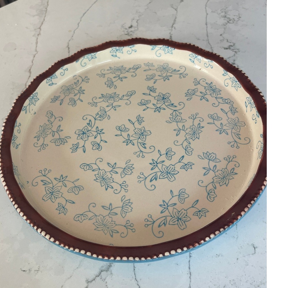 Temp-tations by Tara Floral Lace Serving Tray Blue Scalloped Round Platter 12in
